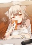  +_+ 1girl ? absurdres animal_ear_fluff animal_ears bangs bare_shoulders braid braided_bangs brown_eyes brown_hair cat_ears cellphone collar collarbone commentary_request eyebrows_visible_through_hair fang handheld_game_console highres holding holding_phone kotatsu looking_at_viewer off-shoulder_shirt off_shoulder original parted_lips phone red_collar shirt short_sleeves signature sofra solo spoken_question_mark table twitter_username under_kotatsu under_table white_shirt 