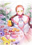  1girl absurdres bow brown_hair cake cake_slice character_request closed_mouth copyright_request cover cover_page dress flower food frills fruit green_eyes hair_flower hair_ornament highres korean_commentary low_twintails novel_cover on_(onon2659) on_chair orange_(fruit) orange_juice orange_slice petals plate ribbon rose shirt sitting smile solo strawberry twintails 