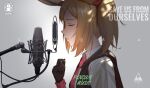  1girl absurdres animal_ears arknights bangs black_gloves blonde_hair breasts closed_eyes fox_ears fox_girl from_side gloves highres jane_xiao microphone microphone_stand music necktie open_mouth shirt short_hair singing solo sora_(arknights) upper_body vest vest_over_shirt 