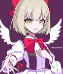 1girl angel_wings blonde_hair bow bowtie buttons collared_shirt commentary_request fang feathered_wings gengetsu_(touhou) hand_on_own_chest kumeri0804 long_sleeves open_mouth purple_background red_bow red_bowtie red_ribbon ribbon shirt short_hair simple_background skirt suspenders touhou touhou_(pc-98) white_shirt white_skirt white_wings wings yellow_eyes 