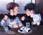  2boys bangs black_eyes black_hair black_nails black_scarf black_shirt blue_eyes bowl chopsticks cup extra_eyes facial_tattoo fingernails food fushiguro_megumi highres holding holding_chopsticks indoors itadori_yuuji japanese_clothes jo_(xnsisiiss) jujutsu_kaisen kimono long_sleeves male_focus multiple_boys onigiri profile red_eyes redhead ryoumen_sukuna_(jujutsu_kaisen) scarf sharp_fingernails shirt short_hair smile spiky_hair stuffed_toy tattoo udon undercut upper_body white_kimono younger 