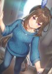  1girl :| admire_vega_(umamusume) animal_ears backlighting bangs blue_sweater blurry blurry_background blush bow brown_hair closed_mouth collarbone denim dutch_angle ear_covers eyebrows_visible_through_hair hair_between_eyes hair_bow highres horse_ears horse_girl horse_tail indoors jeans jewelry kawahara_minamo long_hair looking_at_viewer low_ponytail necklace open_door pants ponytail sidelocks single_ear_cover solo standing sweater tail umamusume violet_eyes white_bow 