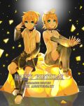  1boy 1girl absurdres anniversary blonde_hair brother_and_sister detached_sleeves hair_ribbon hands_on_own_head happy_birthday highres kagamine_len kagamine_rin looking_at_viewer navel nomi_(nomi_mi) ribbon short_hair shorts siblings sitting twins vocaloid 
