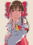  1girl ascot bangs bare_shoulders bow brown_hair collar detached_sleeves ema20 eyebrows_visible_through_hair frilled_hair_tubes frills hair_bow hair_tubes hakurei_reimu hand_on_own_face happy highres japanese_clothes long_hair looking_at_viewer miko nontraditional_miko red_bow red_eyes red_shirt red_skirt ribbon-trimmed_sleeves ribbon_trim shirt sidelocks simple_background skirt skirt_set sleeveless smile solo touhou white_collar 