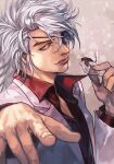  1boy eyepatch food grey_hair hair_over_one_eye hankuri holding holding_food jacket long_sleeves looking_at_viewer madarame_baku male_focus one_eye_covered parted_lips popped_collar red_shirt shirt smile solo upper_body usogui white_jacket 