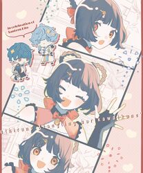  1girl 2boys :d :o ^_^ blue_eyes blue_hair blush bow braid chibi chongyun_(genshin_impact) closed_eyes commentary genshin_impact hair_bow hair_ornament hair_rings hairclip highres moooomoooomilk multiple_boys multiple_views orange_bow orange_eyes romaji_text short_hair smile translation_request triangle_mouth waving xiangling_(genshin_impact) xingqiu_(genshin_impact) yellow_eyes 