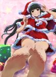  1girl barefoot black_eyes black_hair box capelet commentary_request feet foot_focus foreshortening gift gift_box hat highres legs long_hair original revision santa_costume santa_dress santa_hat sitting skirt smile soles solo toes toromimi twintails 