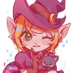  1girl animal bangs black_cat blonde_hair brown_gloves cat commentary_request crescent crescent_hat_ornament dress eyebrows_visible_through_hair fangs gloves green_eyes halloween hat_ornament highres holding league_of_legends lulu_(league_of_legends) one_eye_closed pointy_ears puffy_short_sleeves puffy_sleeves purple_headwear ruan_chen_yue short_hair short_sleeves signature slit_pupils smile solo upper_body yordle 
