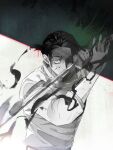  1boy aura blood blood_on_face cowboy_shot fighting_stance greyscale high_collar highres holding holding_sword holding_weapon jacket jujutsu_kaisen katana looking_at_viewer male_focus monochrome okkotsu_yuuta s_o_i shadow short_hair solo standing sword weapon 