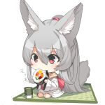  1girl animal_ears bangs chibi commentary_request cup eating eyebrows_visible_through_hair food fox_ears fox_girl fox_tail grey_hair hair_between_eyes highres holding holding_food japanese_clothes kimono long_hair long_sleeves original ponytail red_eyes simple_background sitting solo tail tatami very_long_hair white_background white_kimono wide_sleeves yunomi yuuji_(yukimimi) 