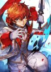  1boy amamiya_ren closed_mouth coat gloves grey_eyes hair_between_eyes hankuri holding holding_sword holding_weapon looking_at_viewer male_focus open_clothes open_coat orange_hair pants persona persona_5 reverse_grip solo super_smash_bros._ultimate sword vest weapon white_coat white_gloves white_pants white_vest 