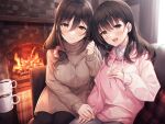  2girls :d bangs blush breasts brown_hair brown_sweater closed_mouth coffee_mug commentary_request couch cup fireplace hair_between_eyes hair_ornament hair_scrunchie hand_on_another&#039;s_hand hand_on_own_thigh hasumi_(hasubatake39) highres hood hoodie indoors large_breasts long_hair long_sleeves looking_at_viewer mug multiple_girls on_couch original pantyhose pink_hoodie scrunchie sitting smile sweater 