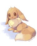  animal_focus brown_eyes commentary_request creature eevee full_body highres kotone11152 looking_to_the_side lying no_humans open_mouth pokemon pokemon_(creature) solo twitter_username 