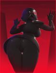  1girl armor ass black_armor black_gloves breasts commentary cowboy_shot english_commentary from_behind gloves helmet highres jedi:_fallen_order justrube large_breasts light_particles pantyhose red_background second_sister_(star_wars) shoulder_armor signature skirt solo star_wars thigh_gap 