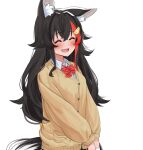  1girl :d ^_^ animal_ear_fluff animal_ears bangs black_hair blush bow bowtie brown_cardigan cardigan closed_eyes collared_shirt commentary_request daichi_(daichi_catcat) eyebrows_visible_through_hair hair_ornament hairclip highres hololive long_hair long_sleeves multicolored_hair ookami_mio red_bow red_bowtie redhead school_uniform shirt simple_background smile solo streaked_hair striped striped_bow striped_bowtie tail v_arms virtual_youtuber white_background wolf_ears wolf_girl wolf_tail 