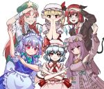  6+girls adapted_costume arm_up beret bespectacled blue_hair braid bright_pupils closed_eyes covering_mouth demon_tail embodiment_of_scarlet_devil flandre_scarlet glasses grin hat hat_ornament head_wings hong_meiling izayoi_sakuya koakuma long_hair looking_at_viewer mob_cap multiple_girls patchouli_knowledge purple_hair rbfnrbf_(mandarin) red_eyes redhead remilia_scarlet round_eyewear short_hair simple_background sketch smile star_(symbol) star_hat_ornament suit_jacket tail touhou twin_braids v-shaped_eyebrows very_long_hair violet_eyes white_background white_pupils 