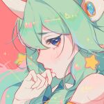  1girl bangs bare_shoulders blue_eyes blush from_side green_hair hair_ornament hand_up highres horns league_of_legends looking_at_viewer profile red_background ruan_chen_yue sideways_glance single_horn solo soraka_(league_of_legends) star_(symbol) star_guardian_(league_of_legends) star_guardian_soraka 