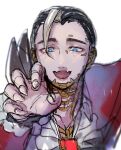  1boy apex_legends black_hair blue_eyes claw_pose crypto_(apex_legends) deadly_byte_crypto fangs grey_hair husagin jacket male_focus multicolored_hair official_alternate_costume open_mouth portrait red_jacket sketch skin_fangs smile solo streaked_hair white_background 