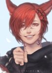  1boy animal_ears artist_name bangs black_gloves cat_ears commentary facial_mark fangs final_fantasy final_fantasy_xiv fingerless_gloves g&#039;raha_tia gloves grey_background grin hair_ornament hair_over_one_eye hand_up juhaihai looking_at_viewer male_focus miqo&#039;te neck_tattoo portrait red_eyes redhead short_hair slit_pupils smile solo swept_bangs symbol-only_commentary tattoo x_hair_ornament 