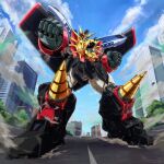 absurdres city clenched_hands clouds crane_(machine) drill gaogaigar highres jugon_(sushi) looking_down mecha mechanical_wings no_humans orange_eyes science_fiction shiny sky solo super_robot v-fin wings yuusha_ou_gaogaigar yuusha_series 