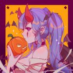  1girl alternate_costume animal bangs bare_shoulders bat black_choker blush border breasts choker commentary_request food from_side halloween highres holding holding_food holding_pumpkin holding_vegetable horns large_breasts league_of_legends long_hair looking_at_viewer orange_background pink_border profile pumpkin red_horns ruan_chen_yue shiny shiny_skin sideways_glance signature sona_(league_of_legends) sparkle twintails upper_body vegetable violet_eyes 