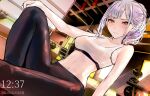  1girl absurdres ak-12_(girls&#039;_frontline) bangs black_pants breasts eyebrows_visible_through_hair girls_frontline gym hair_behind_ear hand_on_own_knee head_tilt highres looking_at_viewer medium_breasts midriff naokomama navel pants pink_eyes ponytail sitting solo sports_bra white_sports_bra yoga_pants 