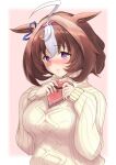  1girl @_@ ahoge animal_ears aran_sweater bangs beige_sweater black_ribbon blue_ribbon blush breasts brown_hair ear_ribbon eyebrows_visible_through_hair gift hairband heart holding horse_ears horse_girl large_breasts long_sleeves looking_at_viewer meisho_doto_(umamusume) multicolored_hair parted_lips pink_background ribbed_sweater ribbon short_hair solo streaked_hair sweater tobari0394 turtleneck turtleneck_sweater umamusume upper_body violet_eyes white_hair 