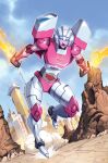 1girl alex_milne arcee autobot city collaboration dual_wielding dust dyemooch energy_sword english_commentary holding holding_sword holding_weapon mecha no_humans running science_fiction smile solo sword transformers weapon 