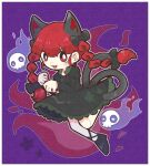  1girl :3 animal_ear_fluff animal_ears black_bow black_footwear blue_fire bow braid cat_ears cat_tail dress extra_ears fire flaming_skull floating_skull floral_print flower ghost green_dress hitodama ikururu kaenbyou_rin leg_ribbon multiple_tails open_mouth outline paw_pose puffy_sleeves purple_background red_eyes redhead ribbon simple_background skull smile solo tail touhou twin_braids two_tails white_outline 