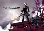  1boy 1girl black_blindfold black_dress black_legwear bleemjay blindfold boots breasts clouds crane_(machine) dress gloves highres holding holding_sword holding_weapon long_sleeves looking_at_another nier_(series) nier_automata ruins shadow short_hair shorts socks sword thigh-highs weapon white_hair yorha_no._2_type_b yorha_no._9_type_s 