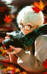  1other ambiguous_gender autumn autumn_leaves bangs camera closed_mouth glasses highres leaf looking_at_viewer lying maple_leaf on_(onon2659) on_stomach original red_eyes scarf short_hair sweater water_drop white_hair 