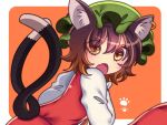  1girl :o animal_ear_fluff animal_ears bangs border brown_eyes brown_hair cat_ears cat_tail chen eyebrows_visible_through_hair eyes_visible_through_hair fang green_headwear hair_between_eyes hat long_sleeves looking_at_viewer mob_cap multiple_tails nekomata open_mouth orange_background outside_border red_vest shirt simple_background skin_fang solo tail touhou tsugomori_(remilia0398) two_tails upper_body vest white_border white_shirt 