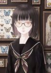  1girl absurdres bangs black_hair black_serafuku bob_cut bouno_satoshi brown_eyes bug butterfly closed_mouth glasses highres lips looking_at_viewer original sailor_collar school_uniform serafuku short_hair solo upper_body 