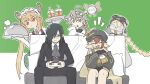  2girls 3girls ahoge alchemy_stars ascot bangs black_hair black_jacket blonde_hair braid closed_eyes coke-bottle_glasses collared_shirt commentary_request controller crossover cup drinking_straw fafnir_(maidragon) fang firefly_(alchemy_stars) frilled_hairband frills game_controller glasses goggles goggles_on_headwear grey_eyes grey_hair gronru_(alchemy_stars) hair_over_one_eye hairband hat headband highres holding holding_controller holding_tray horns jacket jitome kobayashi-san_chi_no_maidragon korean_commentary long_hair looking_at_viewer multicolored_hair multiple_girls navigator_(alchemy_stars) necktie notice_lines open_mouth orange_hair pillow pince-nez red_eyes redhead serving_dome shirt sidelocks sitting sleeves_past_fingers sleeves_past_wrists slit_pupils steam tail tohru_(maidragon) tray twintails two-tone_hair unimet_(alchemy_stars) v-shaped_eyebrows white_shirt whitebear 