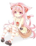 1girl animal_ears blush bow cat_ears cat_tail collarbone commentary_request dress frills full_body hairband heart lolita_hairband long_hair mary_janes neck_garter original paw_print photoshop_(medium) pink_eyes pink_hair revision ribbon shoes simple_background sitting solo spaghetti_strap striped striped_legwear tail thigh-highs unname very_long_hair white_background 