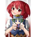  1girl :d balance_scale bangs border doll eyebrows_visible_through_hair fumo_(doll) hair_bobbles hair_ornament heart heart-shaped_pupils highres holding holding_doll looking_at_viewer onozuka_komachi open_mouth red_eyes red_nails redhead shiki_eiki short_hair short_sleeves smile spam_(spamham4506) star_(symbol) symbol-shaped_pupils touhou two_side_up upper_body weighing_scale white_border 