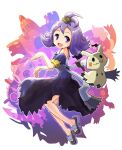  1girl :3 acerola_(pokemon) antenna_hair armlet bangs blue_footwear blush blush_stickers commentary dhelmise dress drifblim flat_chest froslass full_body hair_ornament hands_up happy highres light_blush looking_back looking_to_the_side menome mimikyu open_mouth outline palossand pokemon pokemon_(creature) pokemon_(game) pokemon_sm purple_dress purple_hair sableye sandals shiny shiny_hair short_hair short_sleeves smile solo_focus violet_eyes white_background white_outline 