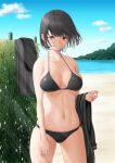  1girl beach bikini black_bikini black_hair blue_sky breasts clothes_removed clouds commentary_request cowboy_shot day english_commentary kasu_(kasunohikari) kayanuma_miyuki large_breasts light_rays looking_at_viewer mixed-language_commentary mountain ocean outdoors red_eyes short_hair sky solo station_memories sunbeam sunlight swimsuit 