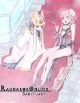  animal_around_neck bad_id belt black_footwear blonde_hair blue_belt breasts copyright_name crown detached_sleeves dress fox full_body green_eyes hair_cones heterochromia long_hair long_sleeves medium_breasts open_mouth pelvic_curtain pointy_ears pope_(ragnarok_online) professor_(ragnarok_online) ragnarok_online red_dress red_eyes red_sleeves riuhi shoes sitting sitting_on_stairs sleeveless sleeveless_dress stairs striped_sleeves violet_eyes white_dress white_hair white_headwear wide_sleeves yellow_sleeves 