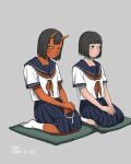  2girls bangs beads black_eyes blunt_bangs blush brown_hair colored_sclera colored_skin cushion dated grey_background hair_between_eyes holding horns looking_to_the_side multiple_girls neckerchief no_shoes oni oni_horns original own_hands_together pleated_skirt red_oni red_skin sailor_collar school_uniform seiza serafuku shokugyo short_hair sitting skirt socks yellow_sclera 