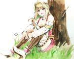  1girl blonde_hair choker detached_sleeves fiora_(xenoblade) full_body green_eyes high_heels looking_at_viewer medium_hair open_mouth oyasu_(kinakoyamamori) sitting smile solo striped striped_legwear thigh-highs tree xenoblade_chronicles xenoblade_chronicles_(series) 