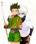  2boys absurdres child commentary english_commentary fishing_rod flower gon_freecss green_hair hand_in_pocket hand_on_another&#039;s_shoulder highres hunter_x_hunter k.g_(matsumoto_zo) killua_zoldyck multiple_boys rose shorts teeth 