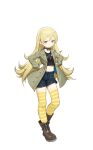  1girl blonde_hair blue_shorts boots brown_eyes brown_footwear clenched_hands frown grey_jacket hands_on_hips jacket long_hair midriff_peek mila_(smc) official_art shorts solo striped striped_legwear super_mecha_champions thigh-highs transparent_background v-shaped_eyebrows very_long_hair yellow_legwear 