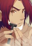  1boy brown_eyes close-up face ishitsu_kenzou long_sideburns looking_at_viewer male_focus mature_male nude redhead shaving shaving_cream short_hair sideburns sidelocks solo thick_eyebrows tonbokiri_(touken_ranbu) touken_ranbu upper_body 