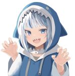  1girl animal_costume animal_hood bangs blue_eyes blue_hair blue_hoodie eyebrows_visible_through_hair gawr_gura highres hololive hood hoodie long_sleeves multicolored_hair open_mouth shark_costume shark_girl shark_hood sharp_teeth silver_hair simple_background solo streaked_hair teeth tsukikaze_aki virtual_youtuber white_background wide_sleeves 