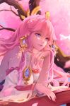  1girl bangs bare_shoulders detached_sleeves earrings falling_petals genshin_impact hair_between_eyes hair_ornament head_on_hand head_rest highres jewelry leaning_on_rail light_smile long_hair long_sleeves looking_at_viewer petals pink_hair ps.heol ring signature smile solo tree violet_eyes wide_sleeves yae_(genshin_impact) 