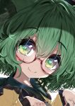  1girl animal_ears bangs blouse close-up closed_mouth collarbone dfra eyebrows_visible_through_hair frilled_sleeves frills glasses green_eyes green_hair hair_between_eyes heart heart-shaped_pupils highres komeiji_koishi long_sleeves looking_at_viewer simple_background smile solo symbol-shaped_pupils touhou wavy_hair yellow_blouse 