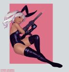  1girl animal_ears bangs black_gloves black_legwear black_leotard dark-skinned_female dark_skin gaiidraws gloves gun highres holding holding_gun holding_weapon leotard lips long_hair looking_at_viewer mole mole_under_eye one_eye_closed original playboy_bunny rabbit_ears red_eyes solo thigh-highs two-tone_background weapon white_hair 