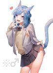  1boy :d animal_ears avatar_(ff14) bangs black_bow black_bowtie black_ribbon black_skirt blazer blue_hair blue_nails blush bow bowtie brown_sweater cat_boy cat_ears cat_tail collared_shirt commentary_request crossdressing double_bun eyebrows_visible_through_hair eyes_visible_through_hair facial_mark fang final_fantasy final_fantasy_xiv grey_jacket hair_ribbon hand_up heart jacket leaning_forward long_hair long_sleeves looking_at_viewer male_focus mars_symbol miniskirt miqo&#039;te mole mole_under_eye nail_polish open_clothes open_jacket open_mouth otoko_no_ko panon_14 pleated_skirt pocket ribbon school_uniform shiny shiny_hair shiny_skin shirt signature simple_background skirt skirt_hold smile solo standing sweater swept_bangs tail v violet_eyes whisker_markings white_background white_shirt wing_collar 
