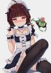  1girl absurdres apron blush brown_hair embarrassed frog highres ikazu401 jewelry keroro_suika looking_at_viewer maid maid_apron maid_headdress necklace pale_skin pink_eyes star_(symbol) tattoo thigh-highs virtual_youtuber yume_reality 